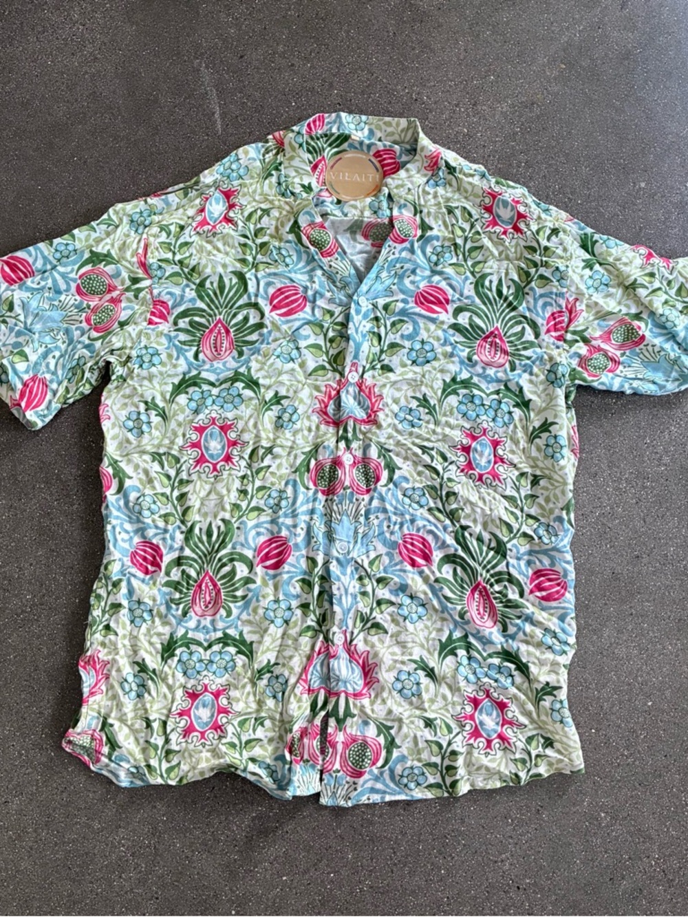 Vilaiti Men's XL Short Sleeve Floral Button Up Shirt‎ 100% Cotton Indian Resort